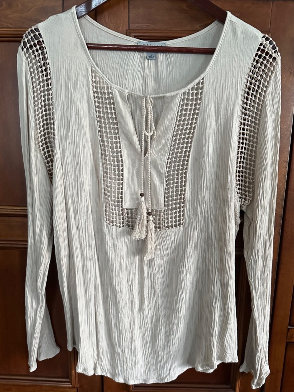 Joseph A Boho Peasant Blouse Beige Crochet Tassel Crinkle Top Size L NWOT